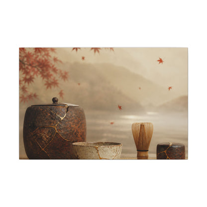 Tea Ceremony Canvas Art | Autumn Kintsugi Gold Vein Art