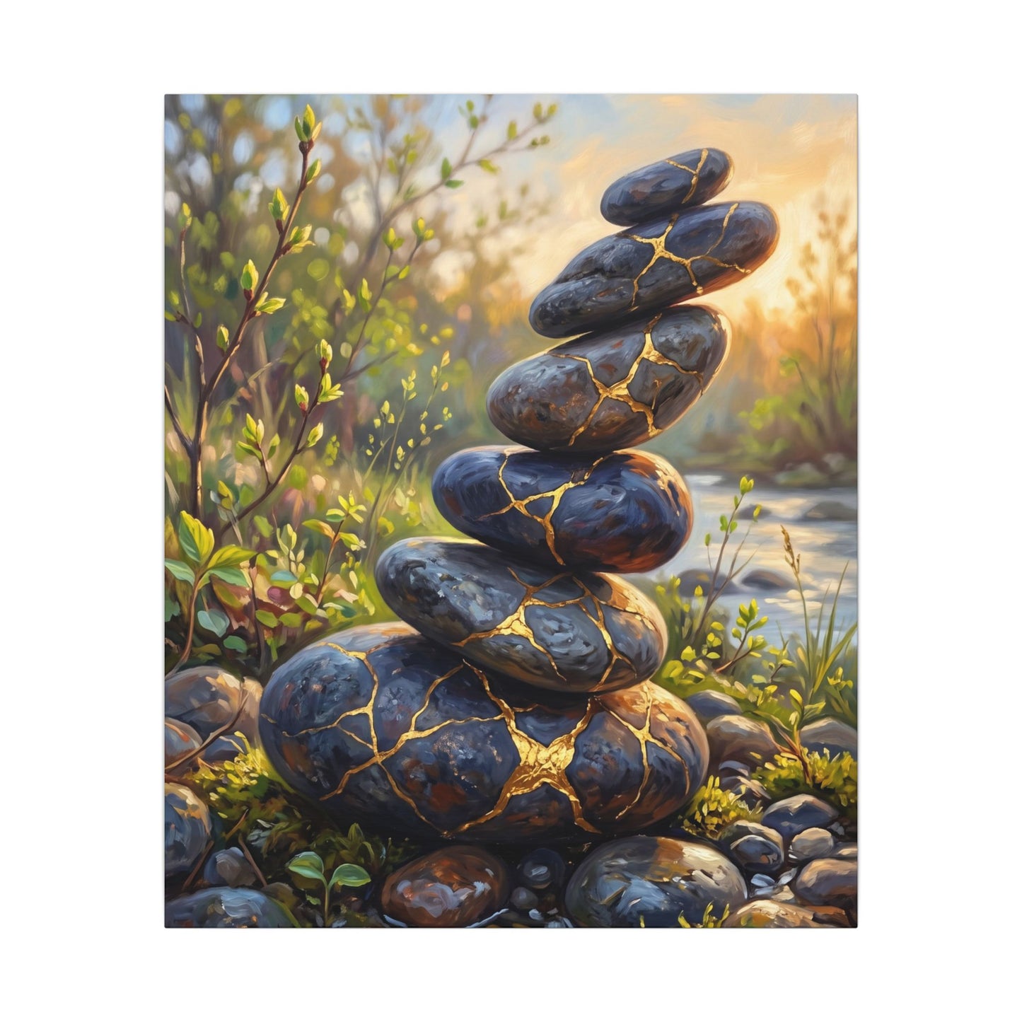 Spring River Stones Gold Repair Canvas Art | Healing Decor