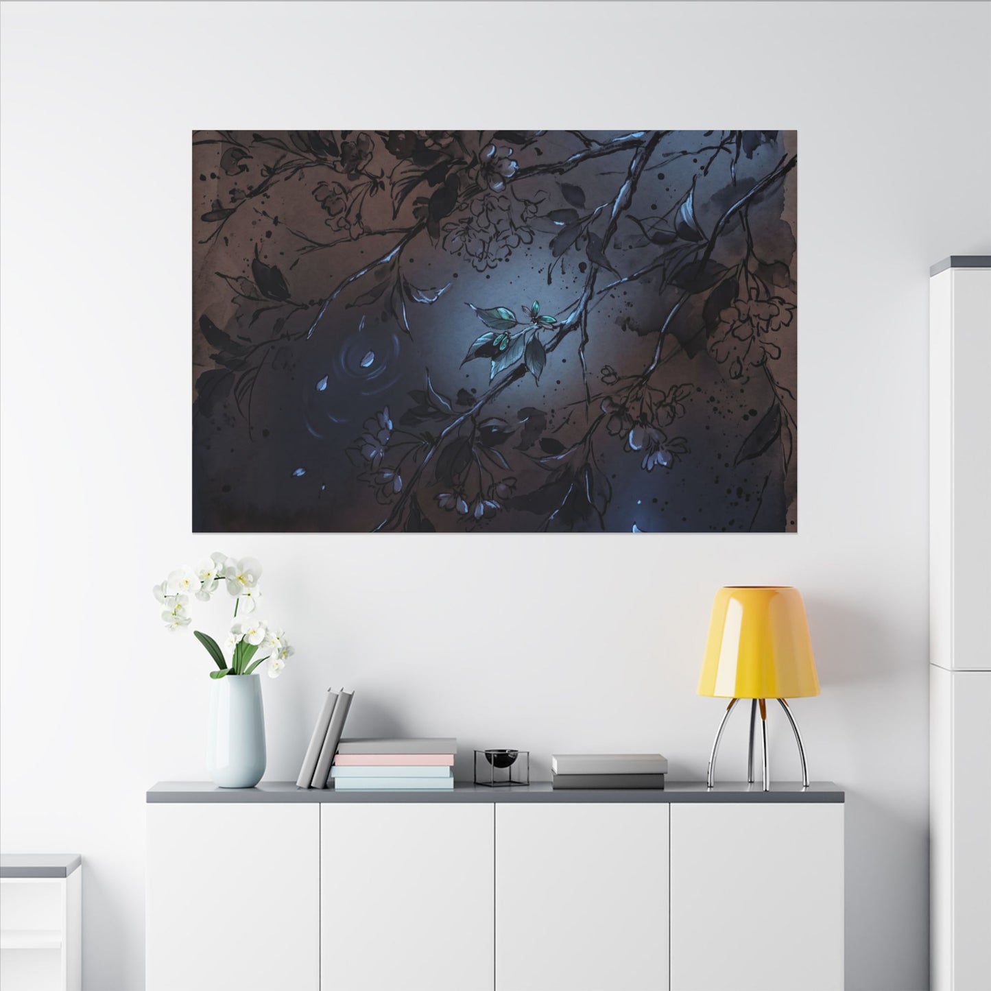 Bold Cherry Blossom Canvas Art - Charcoal Ink Dark Japandi