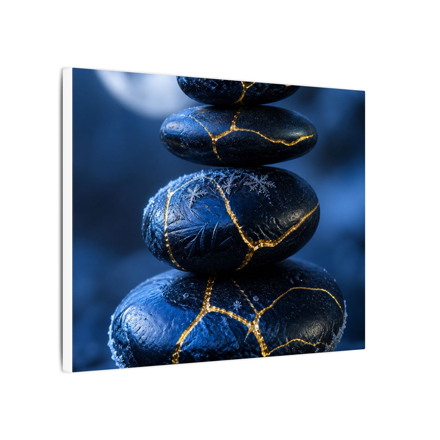 River Stones Canvas Art | Winter Kintsugi Gold Repair Art