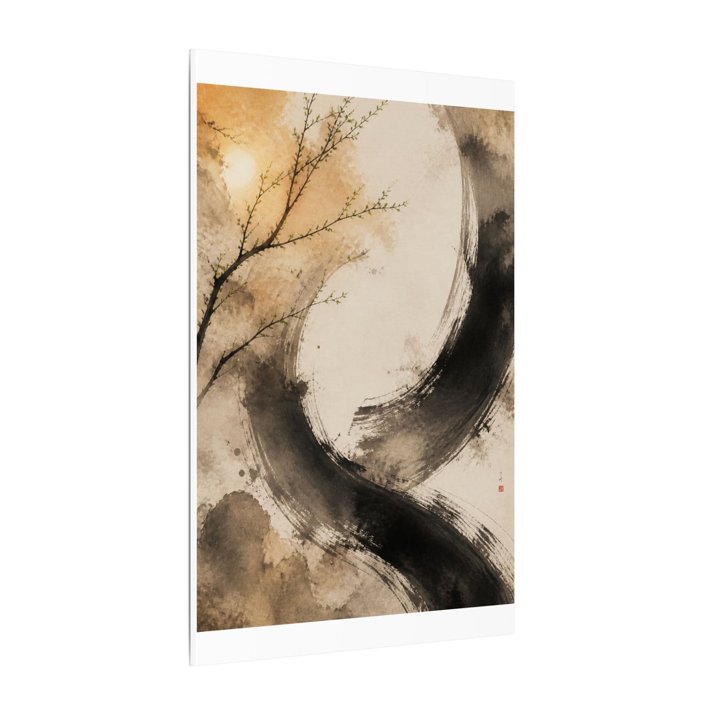Japandi Ink Brushstroke in Golden Hour | Watercolor Canvas Art