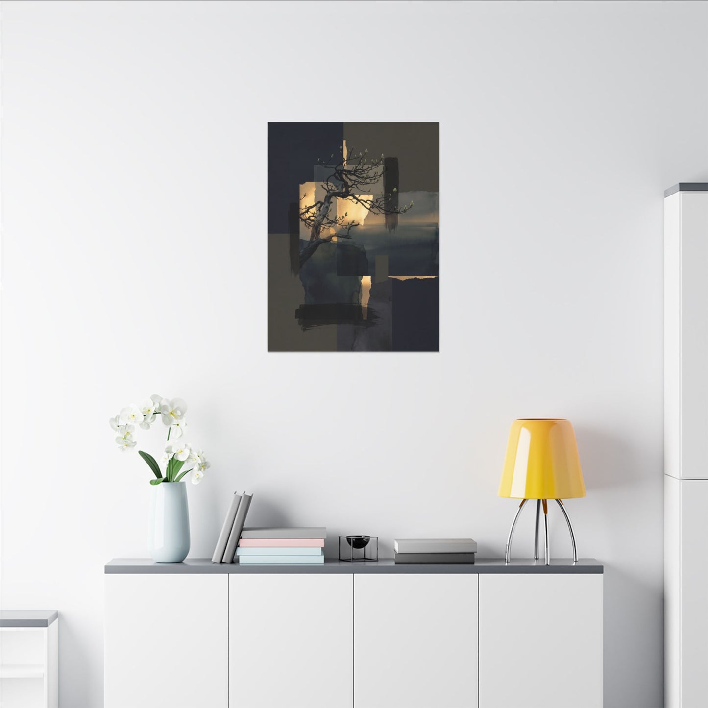 Golden Hour Pine Tree Canvas Art - Dark Japandi Kanso