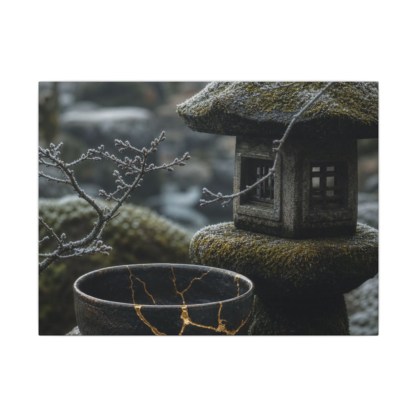 Stone Lantern Canvas Art | Winter Kintsugi Gold Repair Art