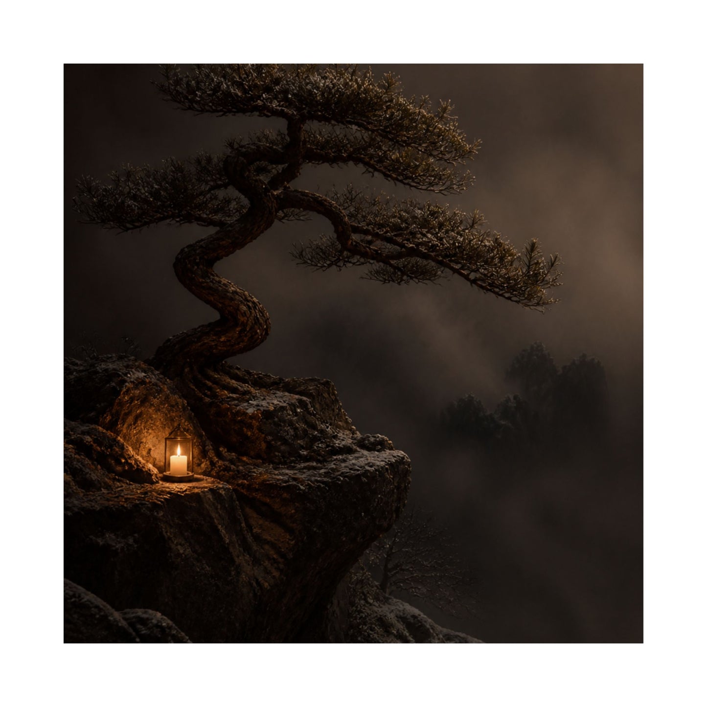 Candlelight Pine Tree Wall Art Print - Dark Japandi Kanso