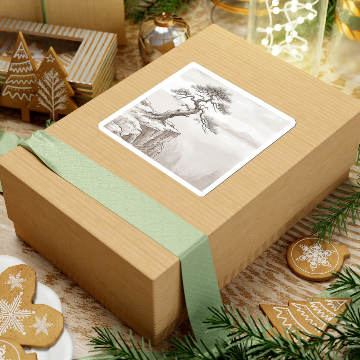 Japandi Pine Tree in Overcast | Minimal Line Sticker