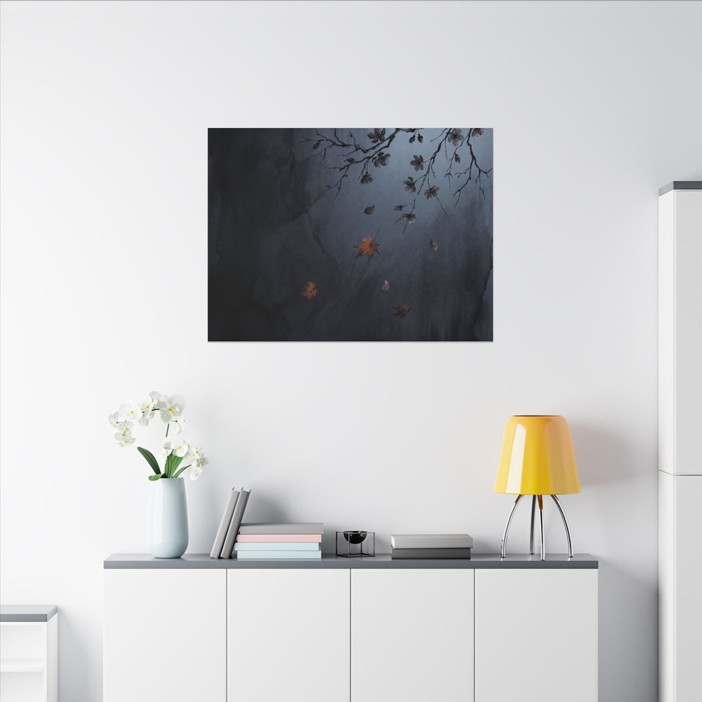 Autumn Cherry Blossom Charcoal Ink Canvas Art | Atmospheric Decor