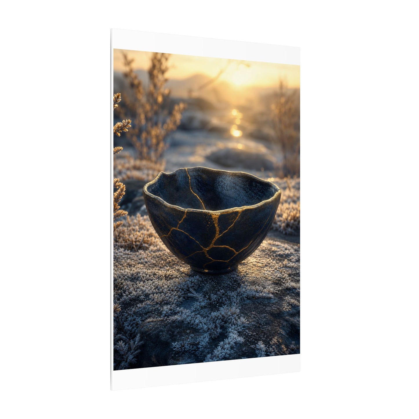 Ceramic Bowl Canvas Art | Winter Kintsugi Gold Repair Art