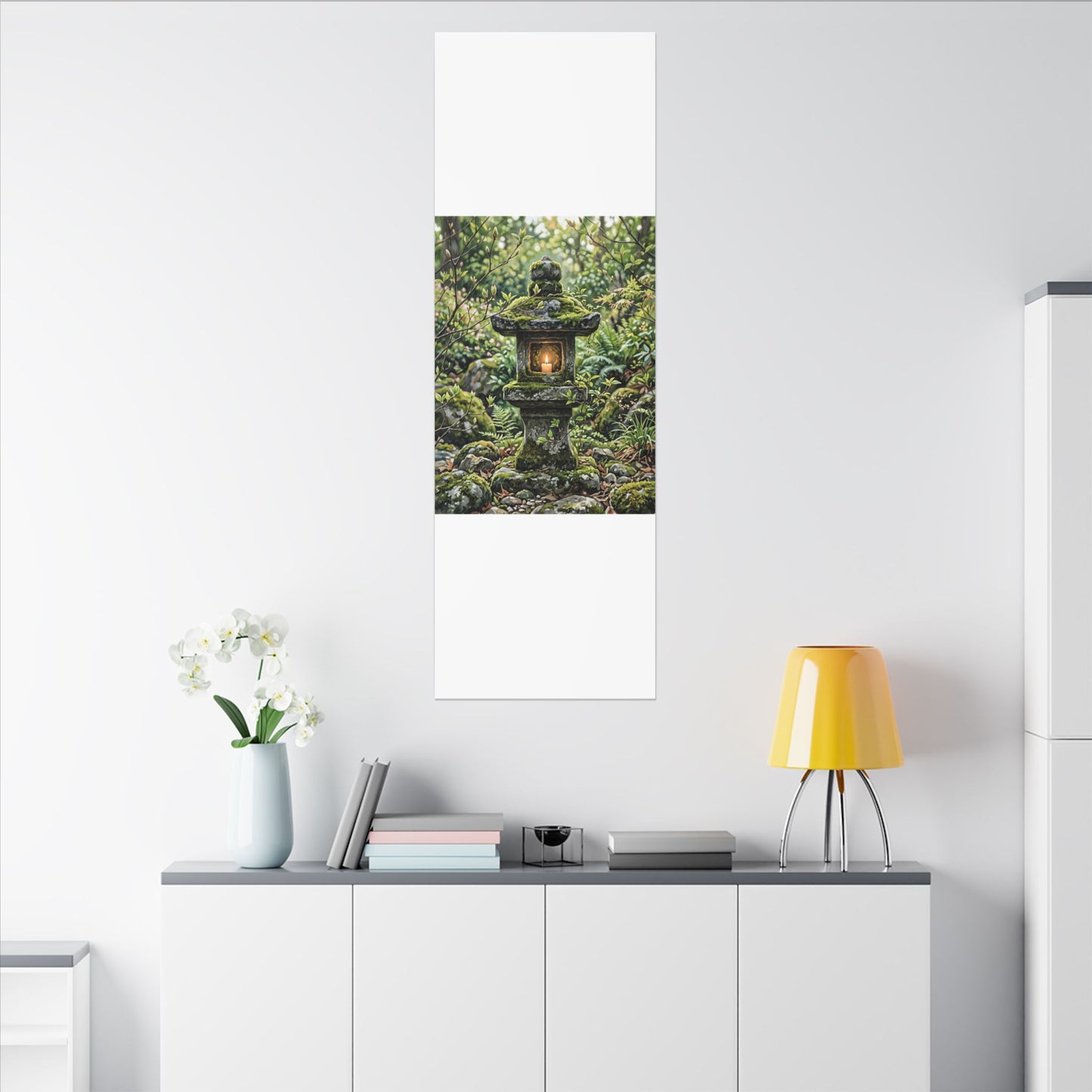 Neutral Stone Lantern Canvas Art - Japanese Pattern Japandi