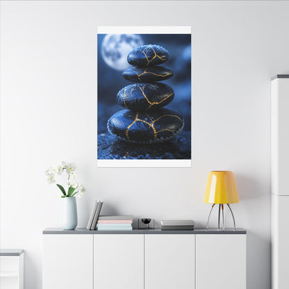 River Stones Canvas Art | Winter Kintsugi Gold Repair Art