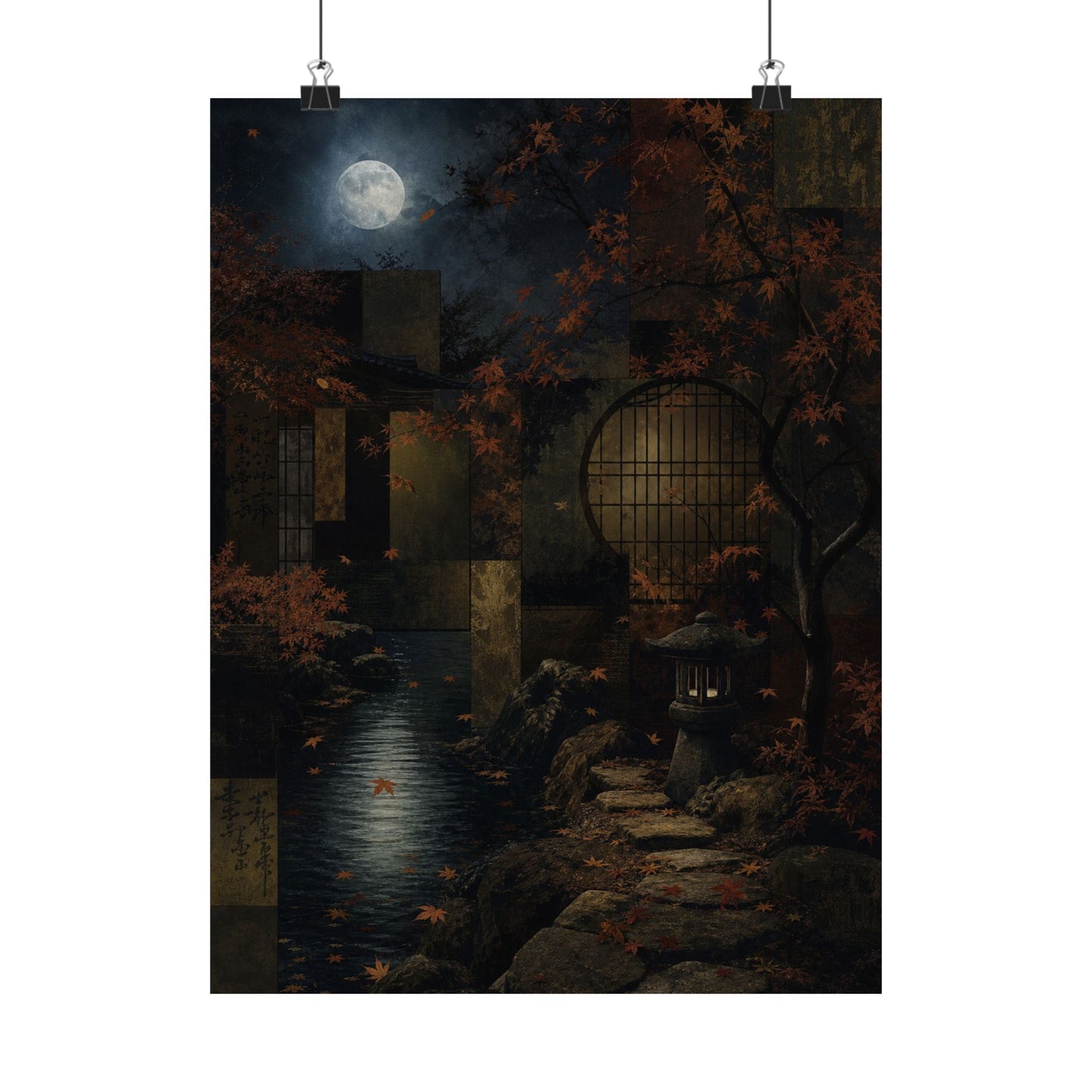 Moonlit Garden Shadow Zen Wall Art Print | Moody Dark Japandi Art