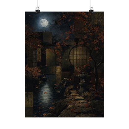 Moonlit Garden Shadow Zen Wall Art Print | Moody Dark Japandi Art