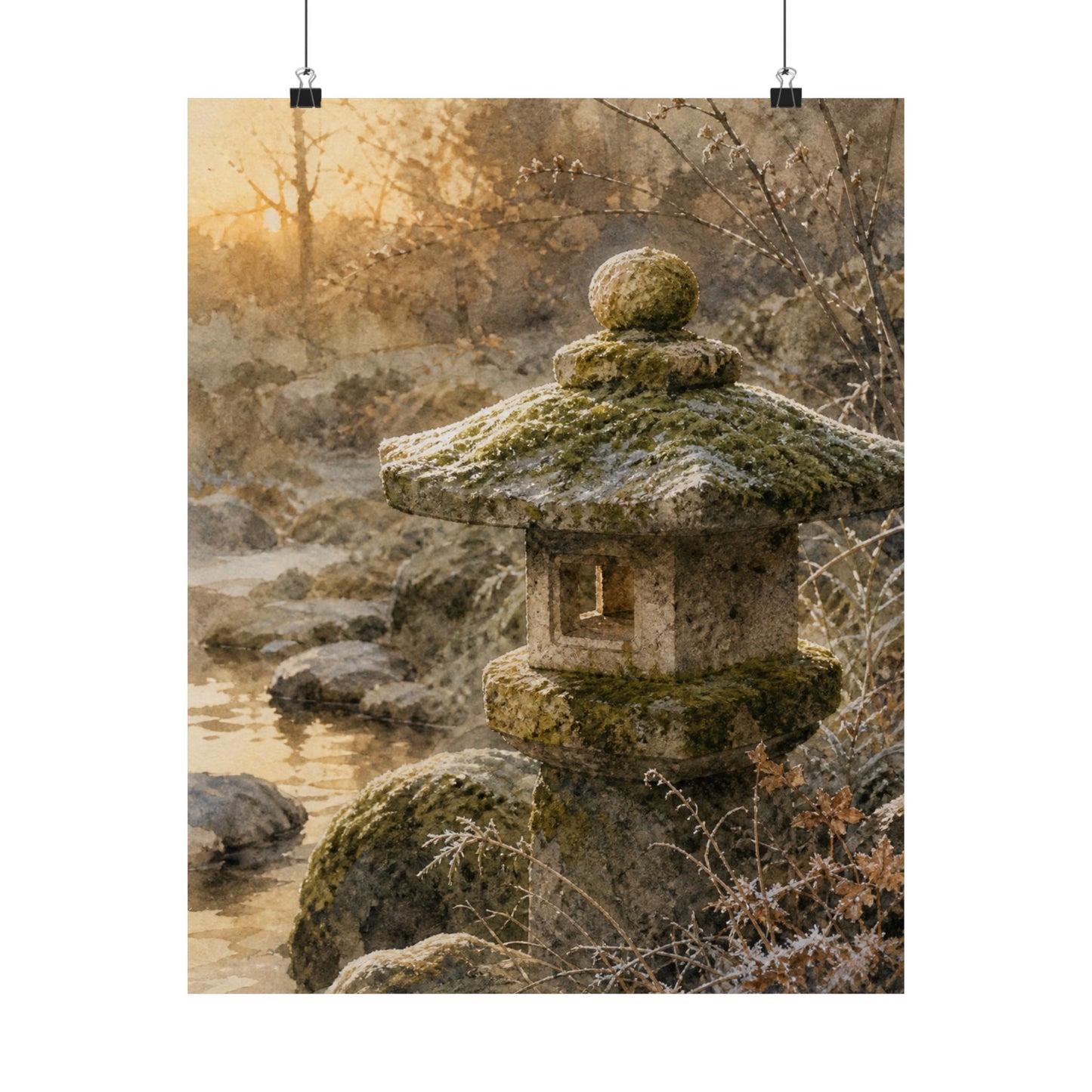 Winter Stone Lantern Watercolor Wall Art Print | Neutral Decor