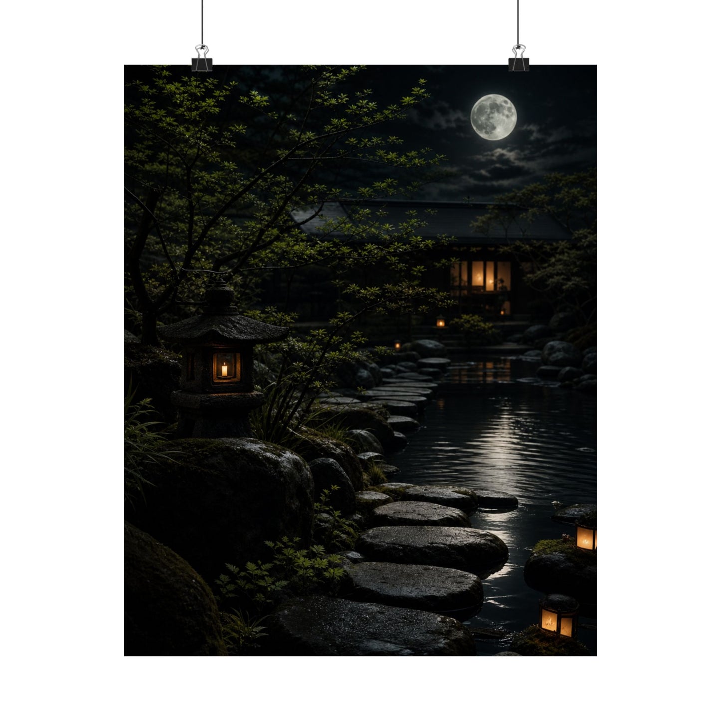 Ma Moonlit Garden Wall Art Print - Dark Japandi Shadow Zen