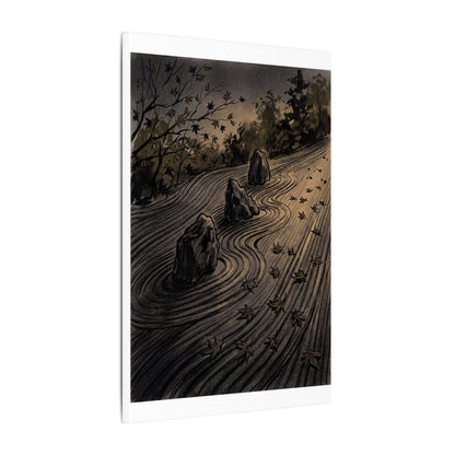 Rock Garden Canvas Art | Autumn Dark Japandi Charcoal Ink Art