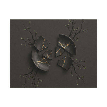 Sophisticated Broken Pottery Canvas Art - Charcoal Ink Dark Japandi