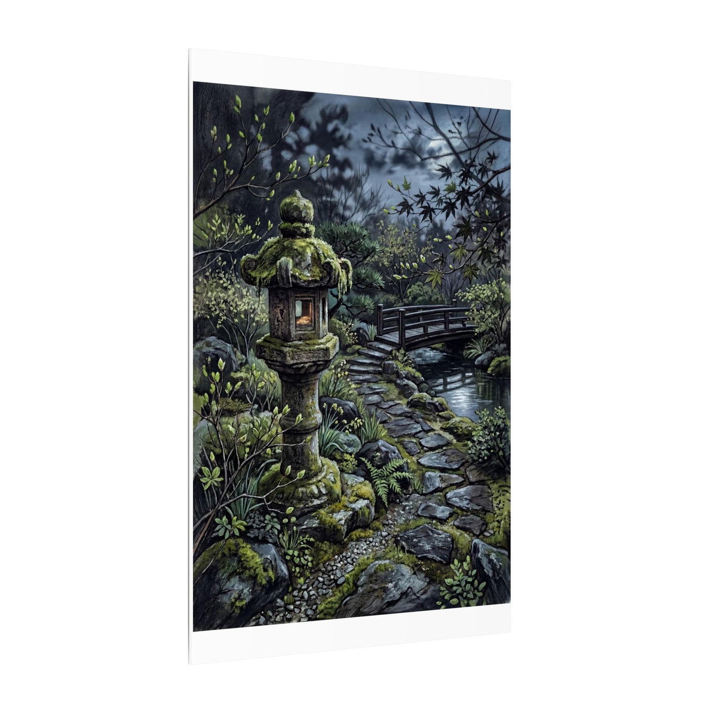 Japandi Stone Lantern in Moonlight | Texture Canvas Art