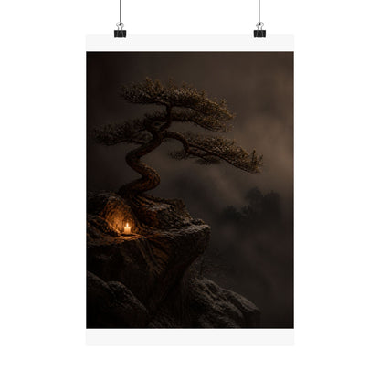 Candlelight Pine Tree Wall Art Print - Dark Japandi Kanso