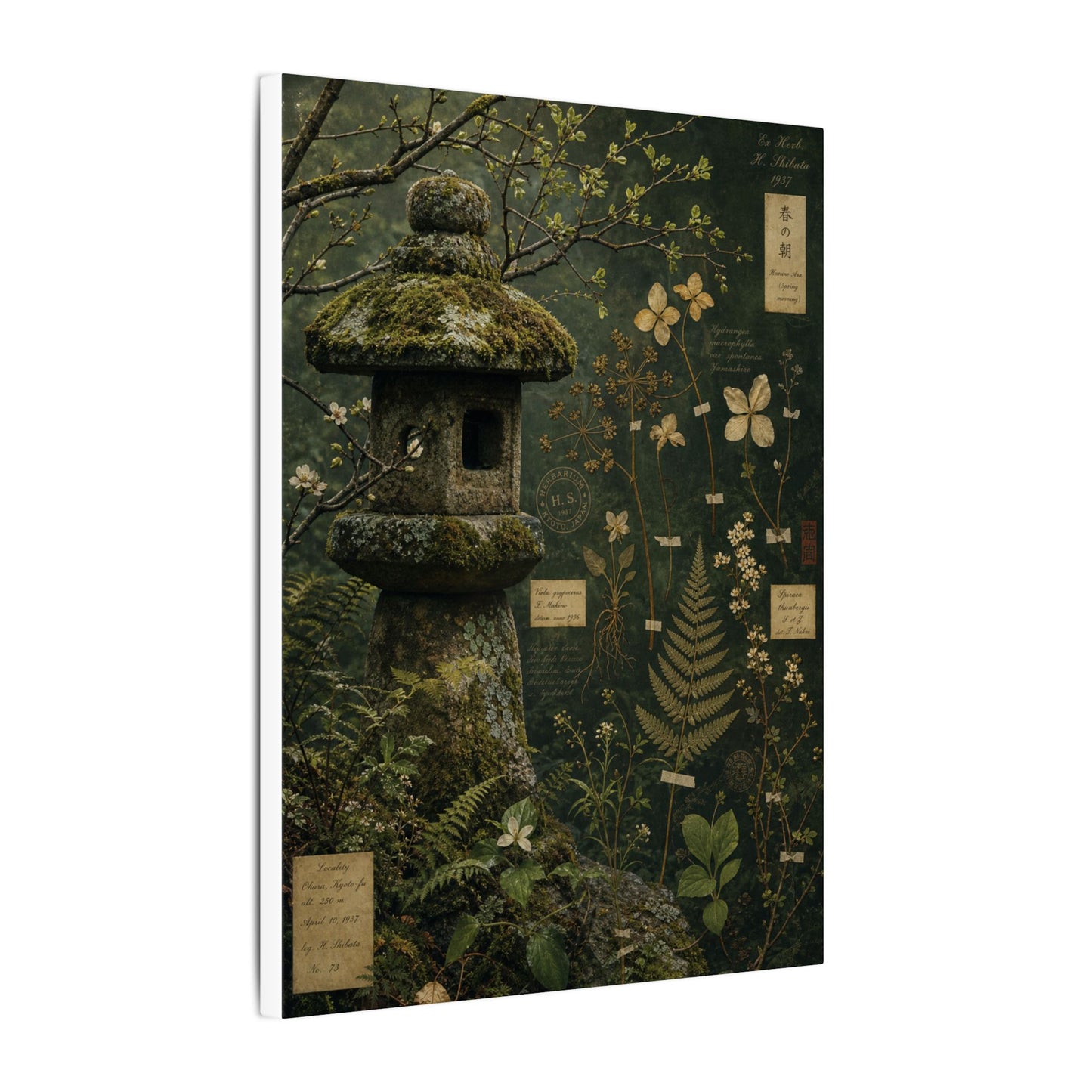 Spring Stone Lantern Herbarium Canvas Art | Nostalgic Decor