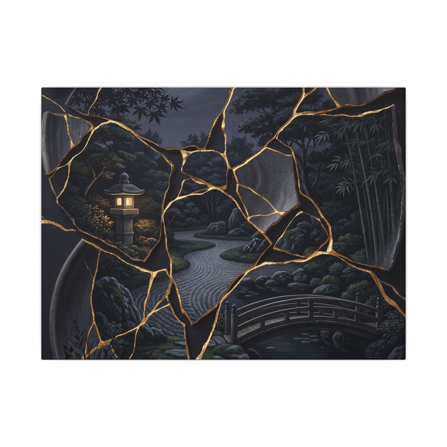 Kintsugi Moonlit Garden in Golden Hour | Gold Repair Canvas Art
