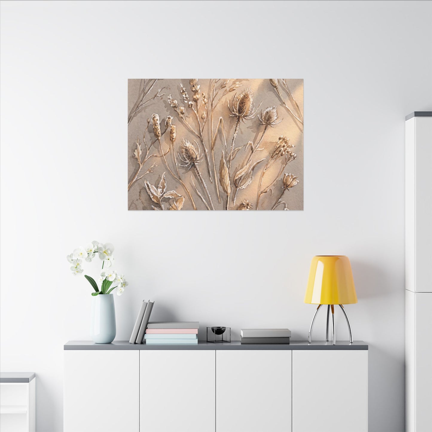 Japandi Dried Flowers in Golden Hour | Watercolor Canvas Art