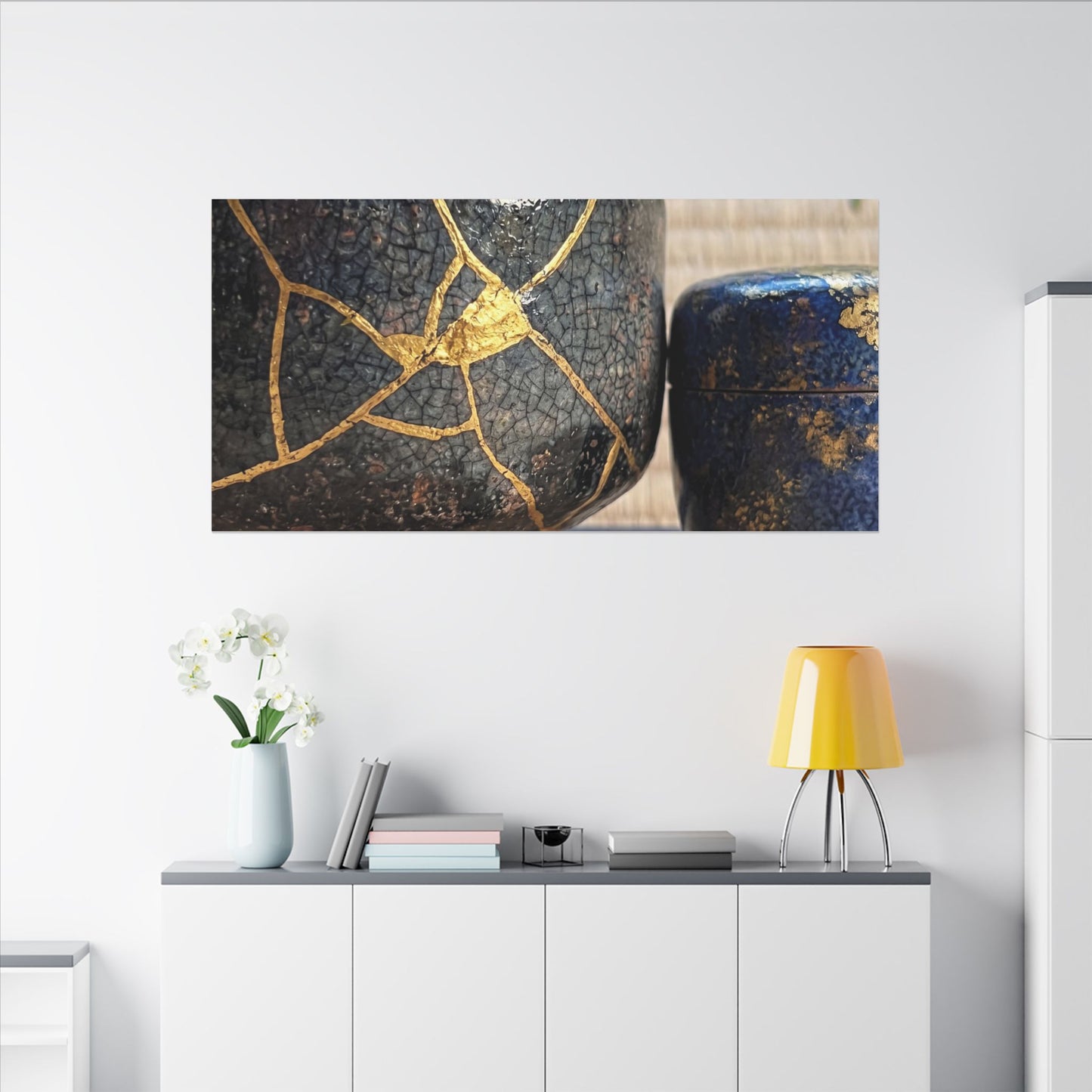 Tea Ceremony Crackle Gold Canvas Art | Philosophical Kintsugi Art
