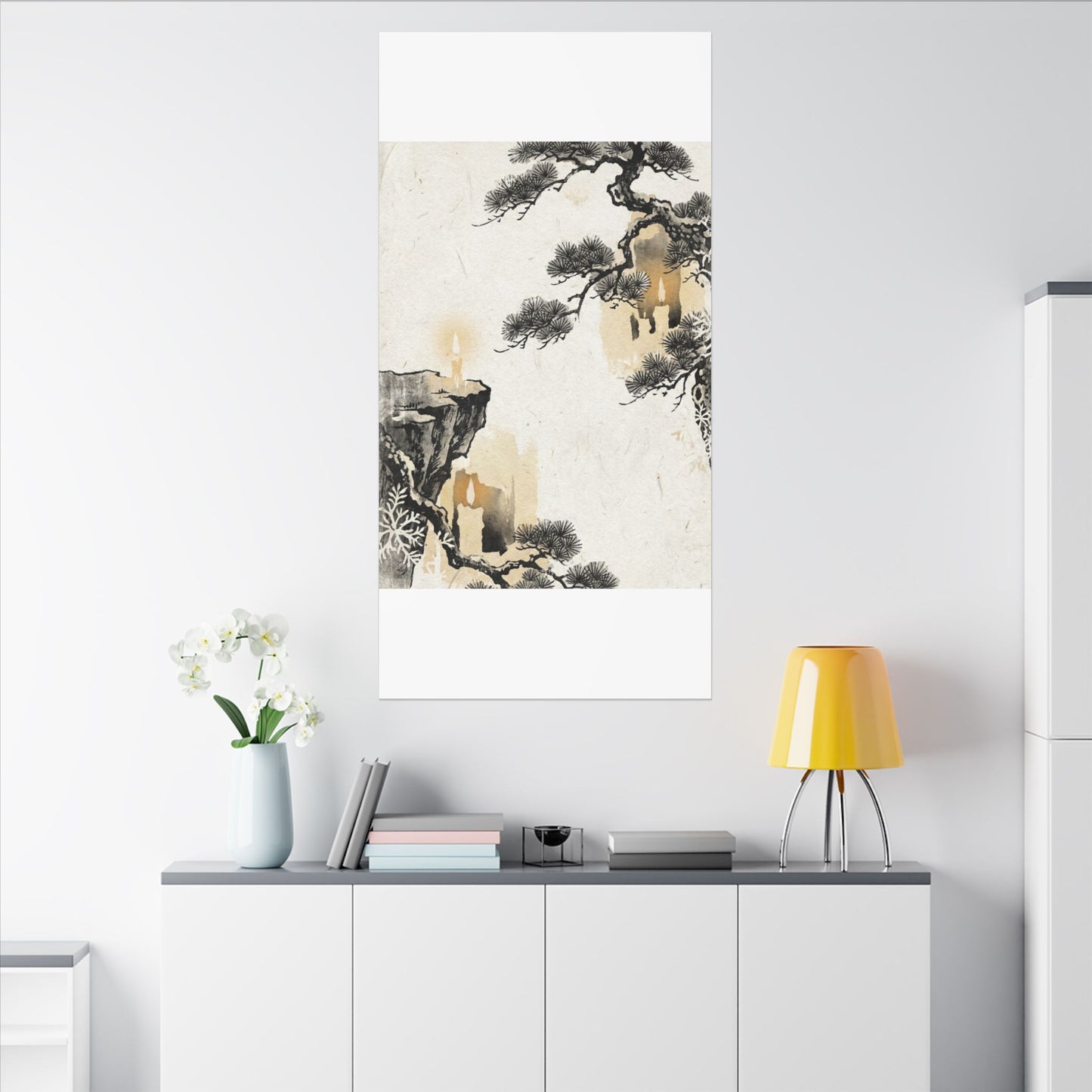 Japandi Pine Tree in Candlelight | Japanese Pattern Canvas Art