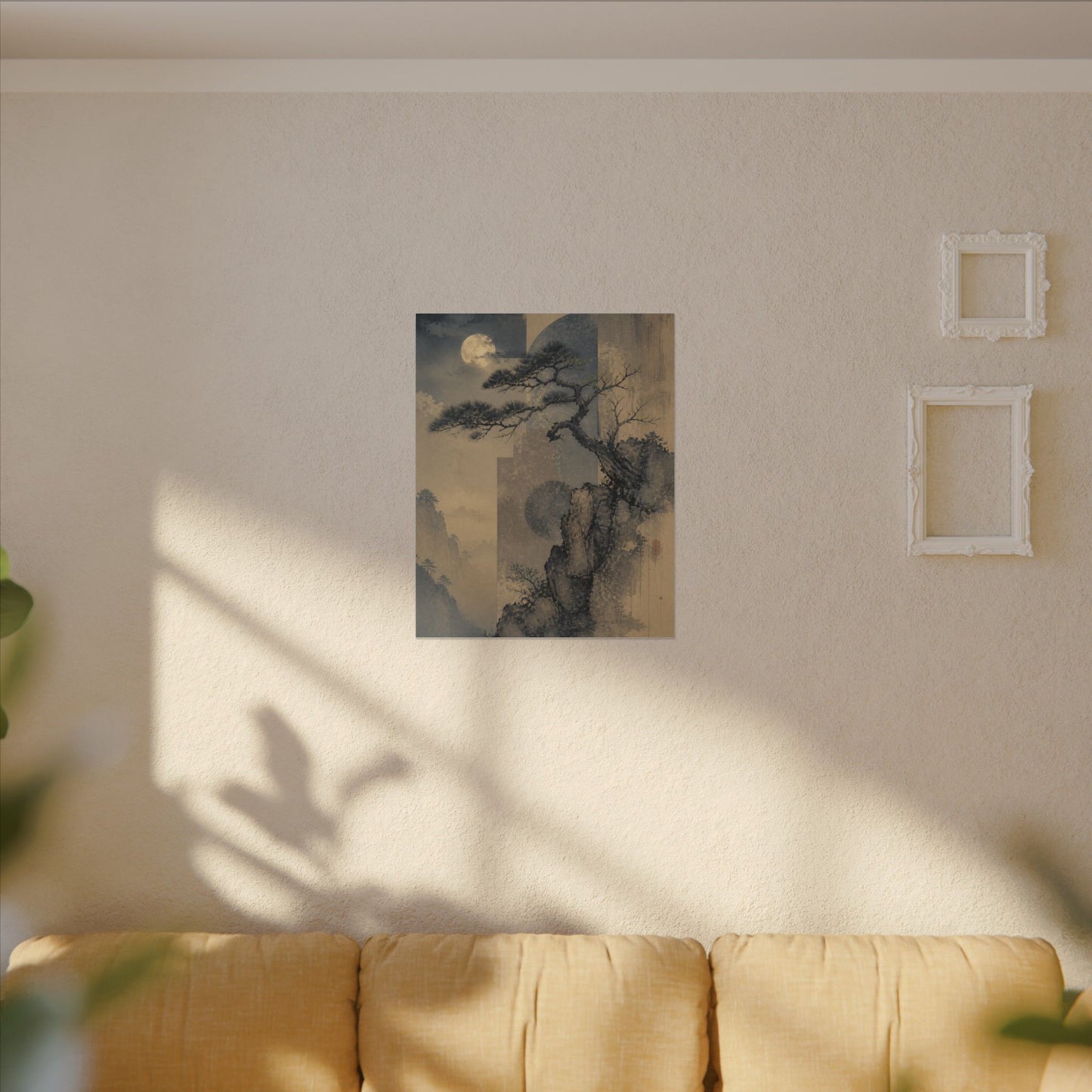 Japandi Pine Tree in Moonlight | Japanese Pattern Canvas Art