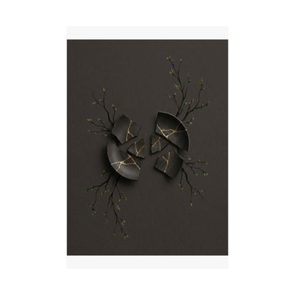 Dark Japandi Broken Pottery in Overcast | Charcoal Ink Wall Art Print
