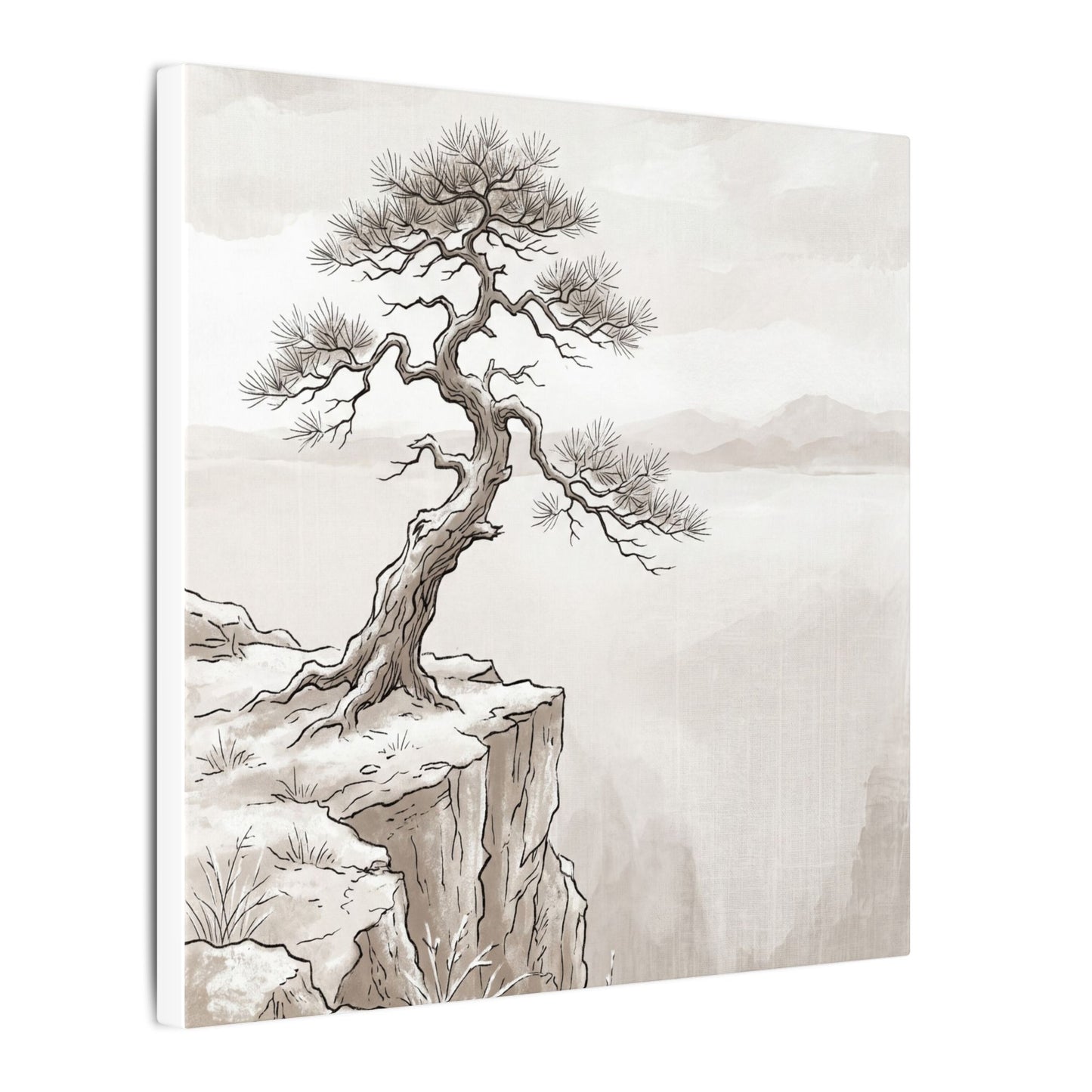 Neutral Pine Tree Canvas Art - Minimal Line Japandi