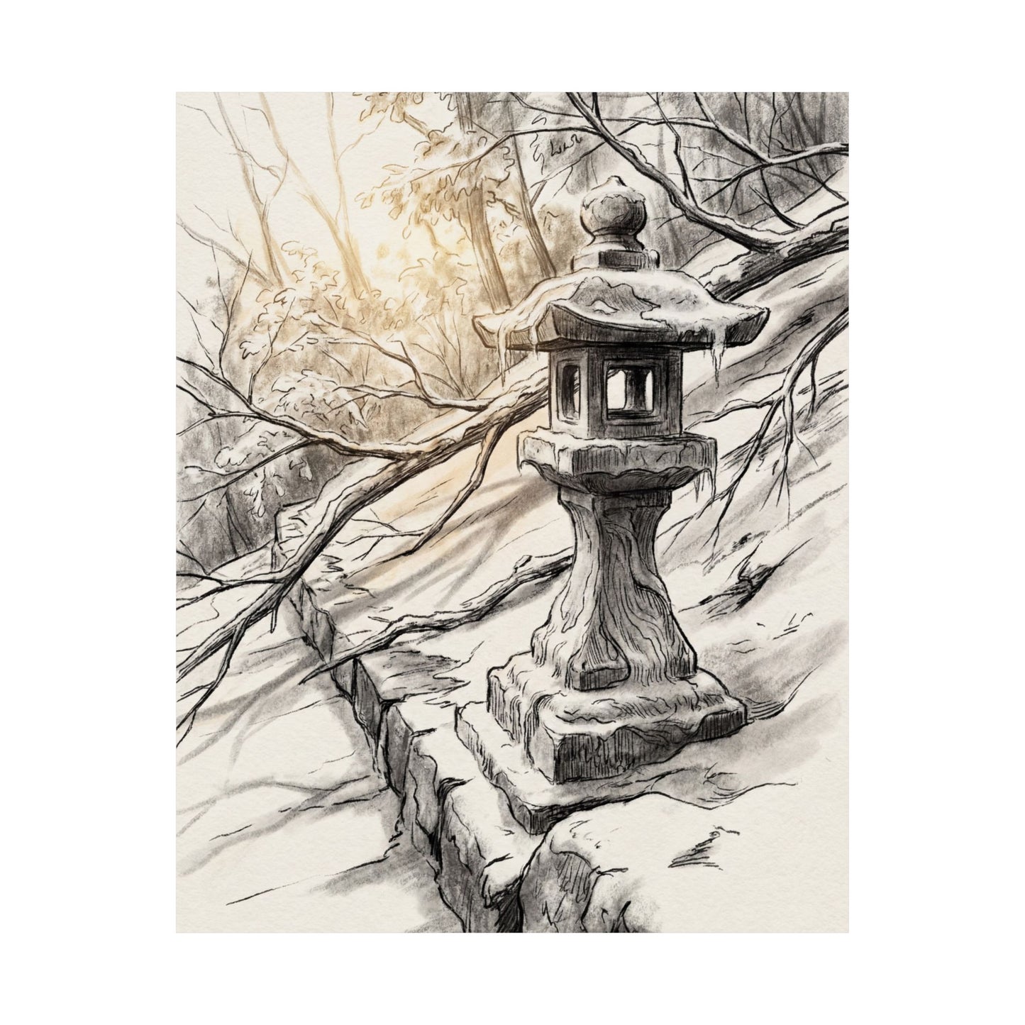 Japandi Stone Lantern in Golden Hour | Minimal Line Wall Art Print