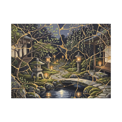 Kintsugi Moonlit Garden in Candlelight | Gold Vein Canvas Art