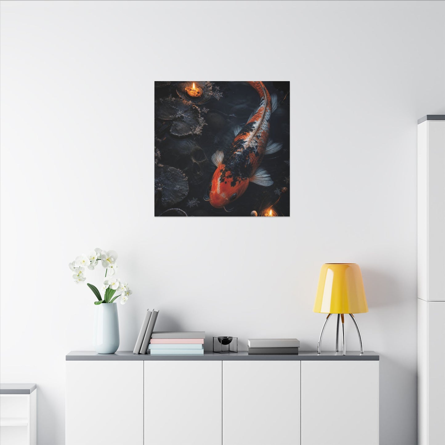 Koi Pond Canvas Art | Winter Dark Japandi Shadow Zen Art