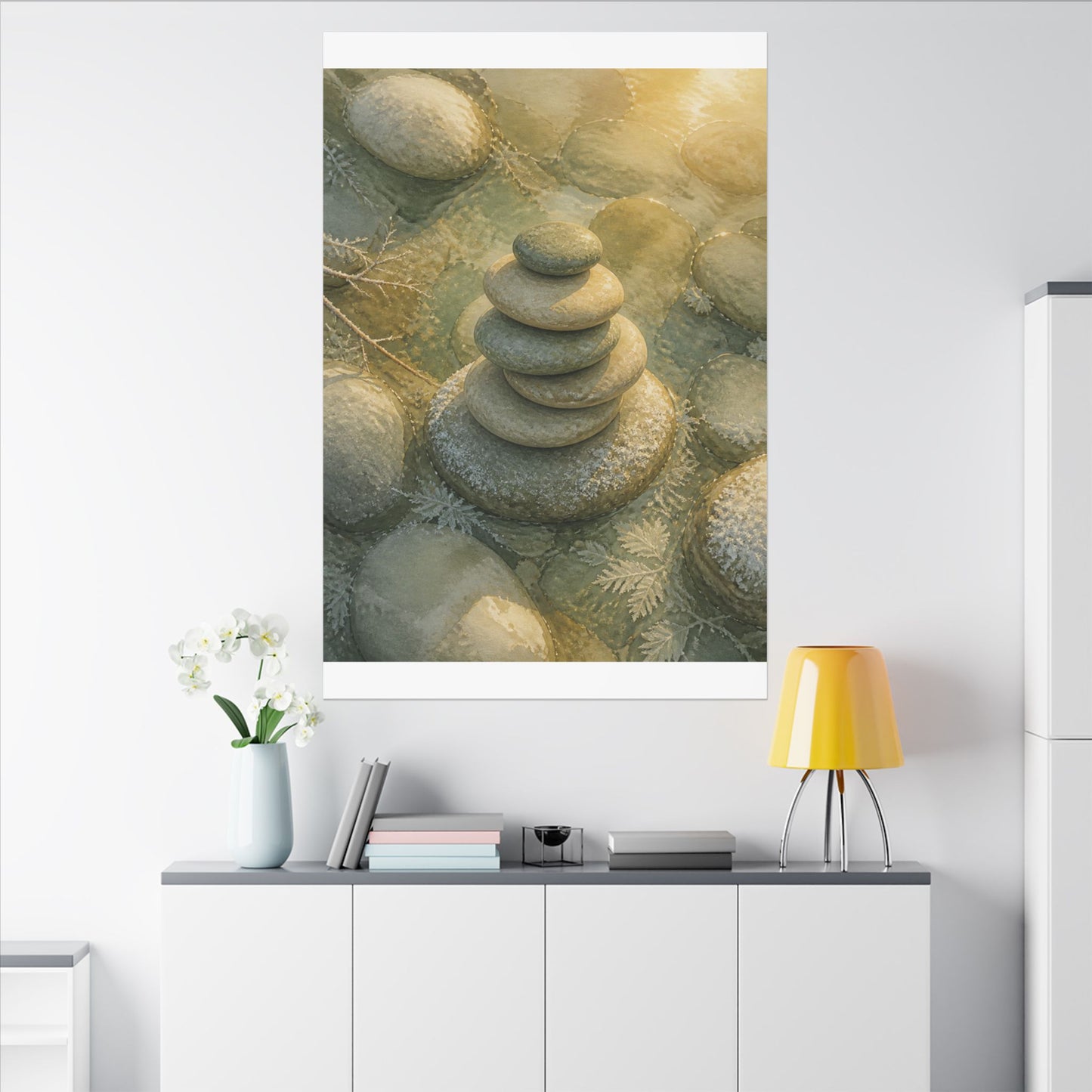 River Stones Watercolor Canvas Art | Elegant Japandi Art