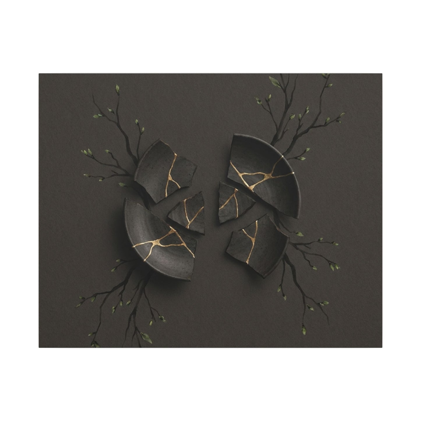 Sophisticated Broken Pottery Canvas Art - Charcoal Ink Dark Japandi