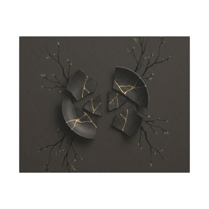 Sophisticated Broken Pottery Canvas Art - Charcoal Ink Dark Japandi