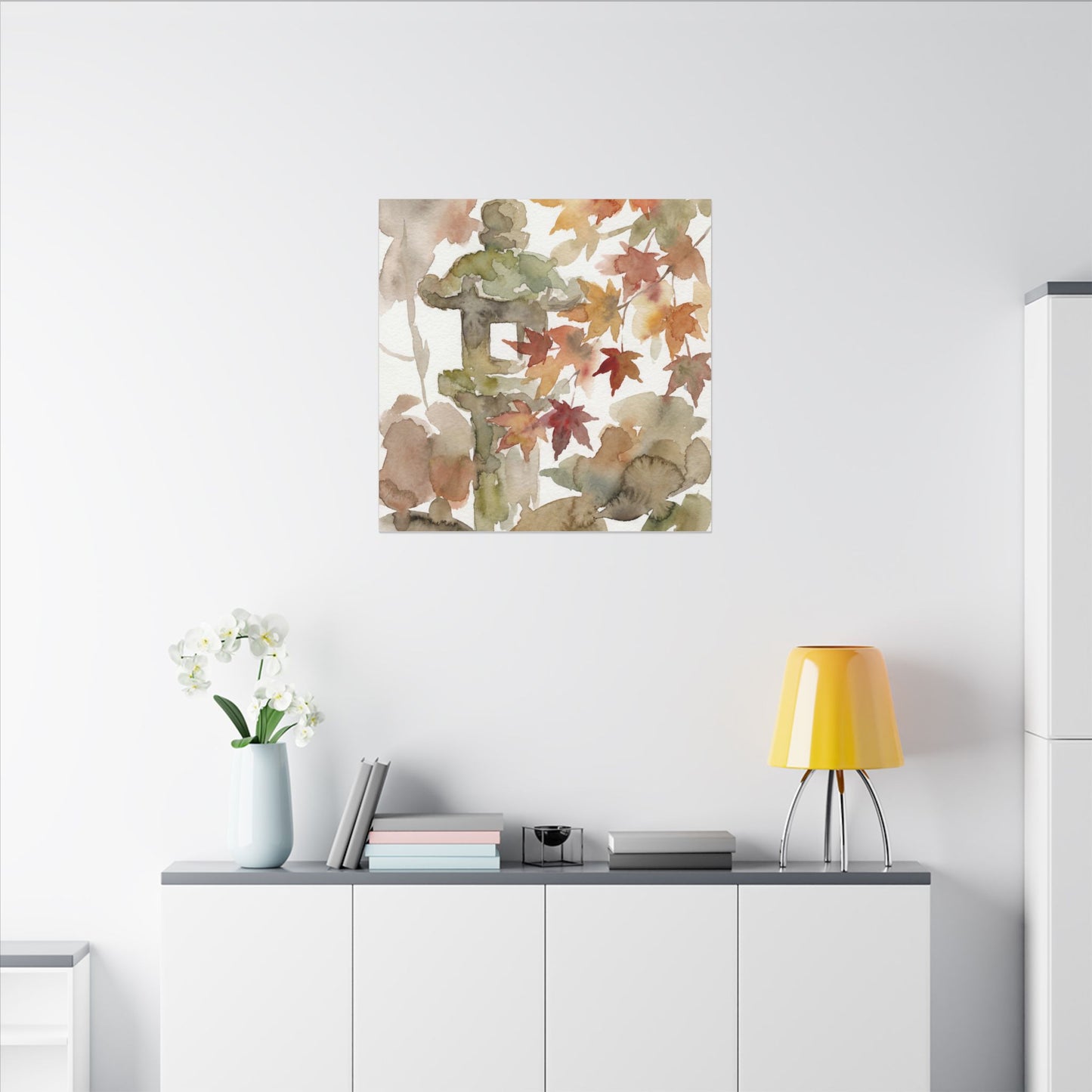 Stone Lantern Watercolor Canvas Art | Earthy Japandi Art