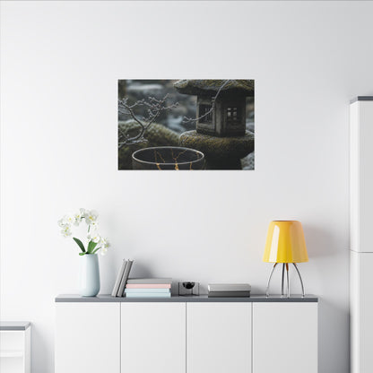 Stone Lantern Canvas Art | Winter Kintsugi Gold Repair Art