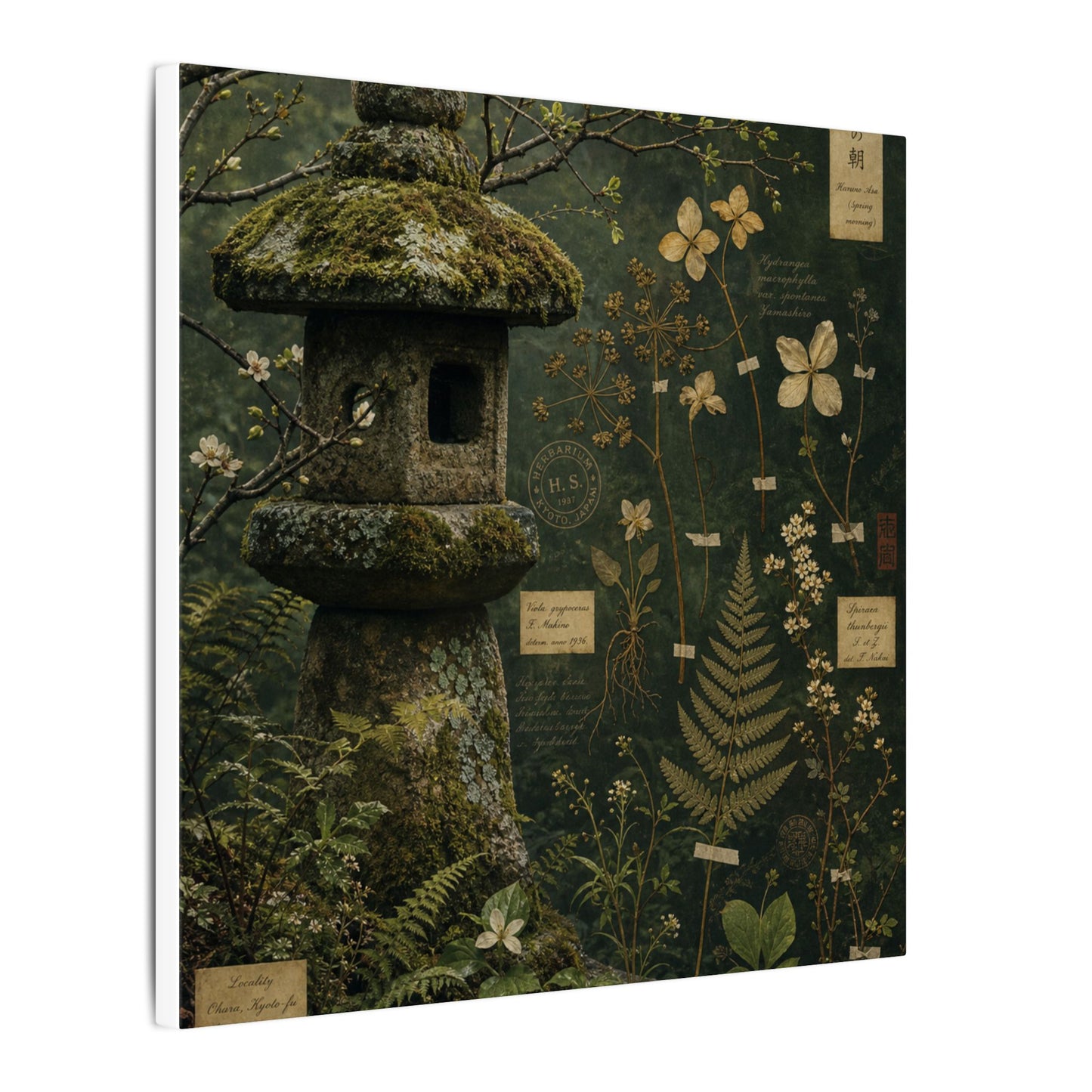 Spring Stone Lantern Herbarium Canvas Art | Nostalgic Decor