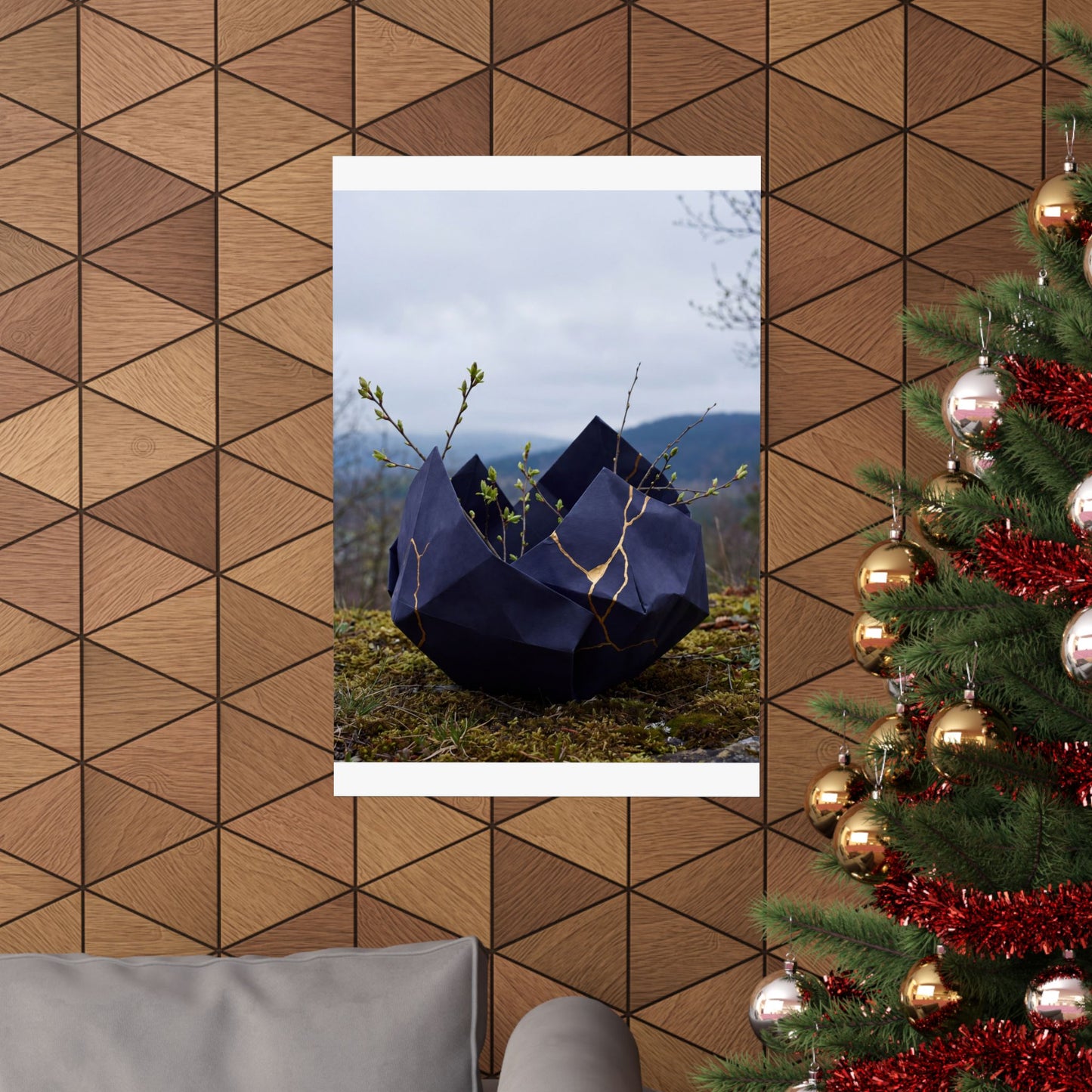 Kintsugi Paper Fold in Overcast | Gold Repair Wall Art Print