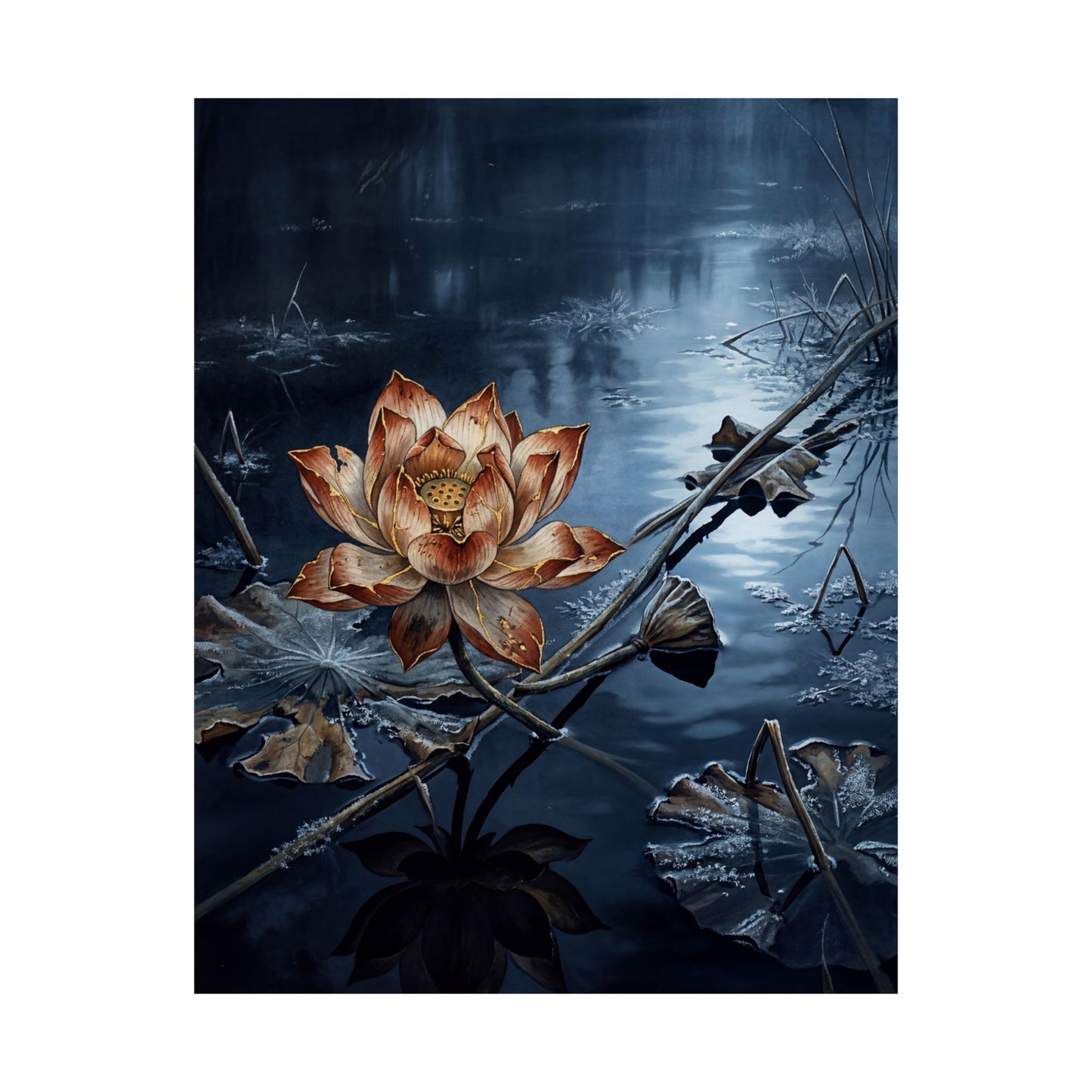Kintsugi Lotus Flower in Moonlight | Broken Beauty Wall Art Print