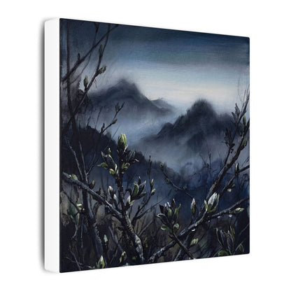 Mountain Mist Spring Canvas Art | Dark Japandi Atmospheric Design