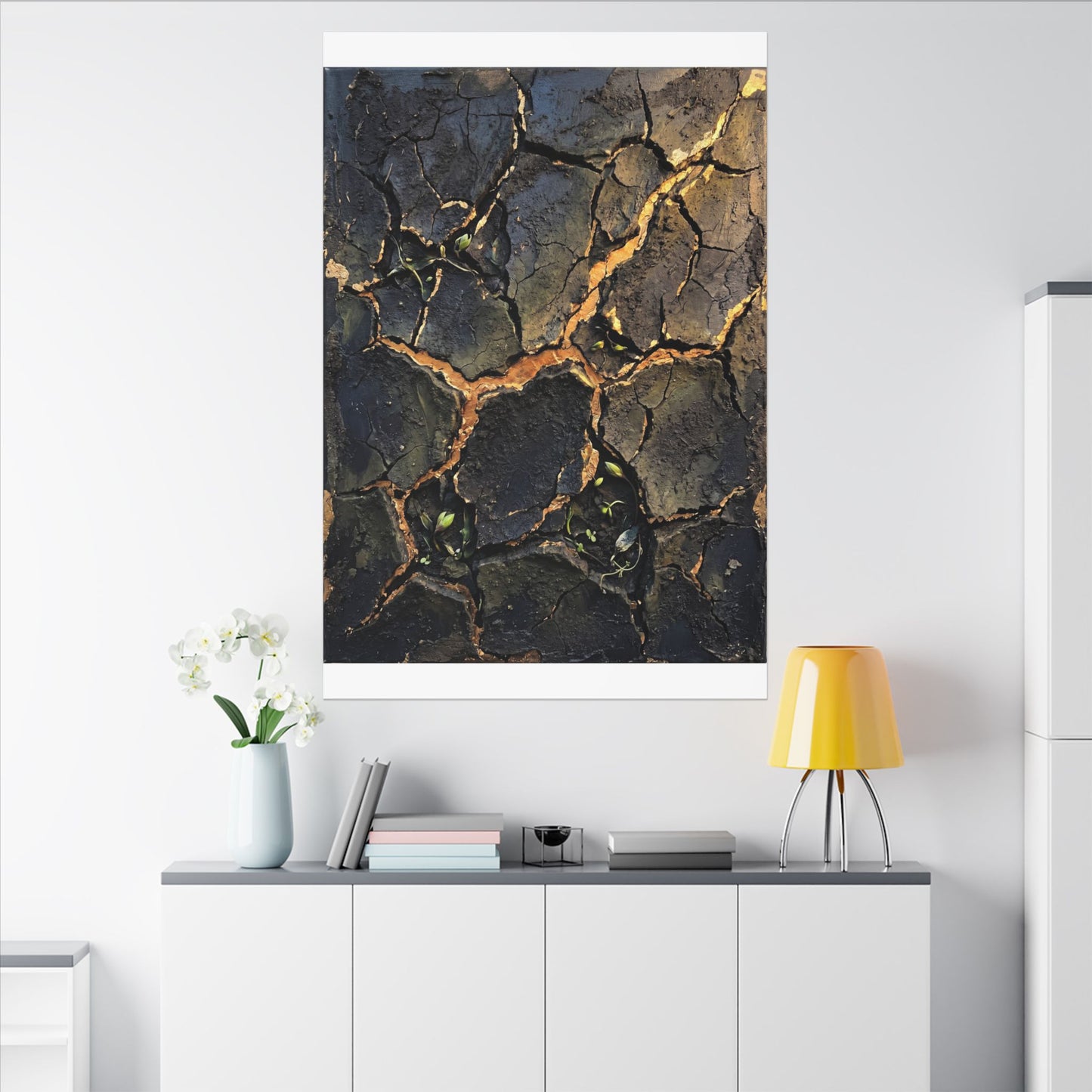 Cracked Earth Spring Canvas Art | Dark Japandi Atmospheric Design