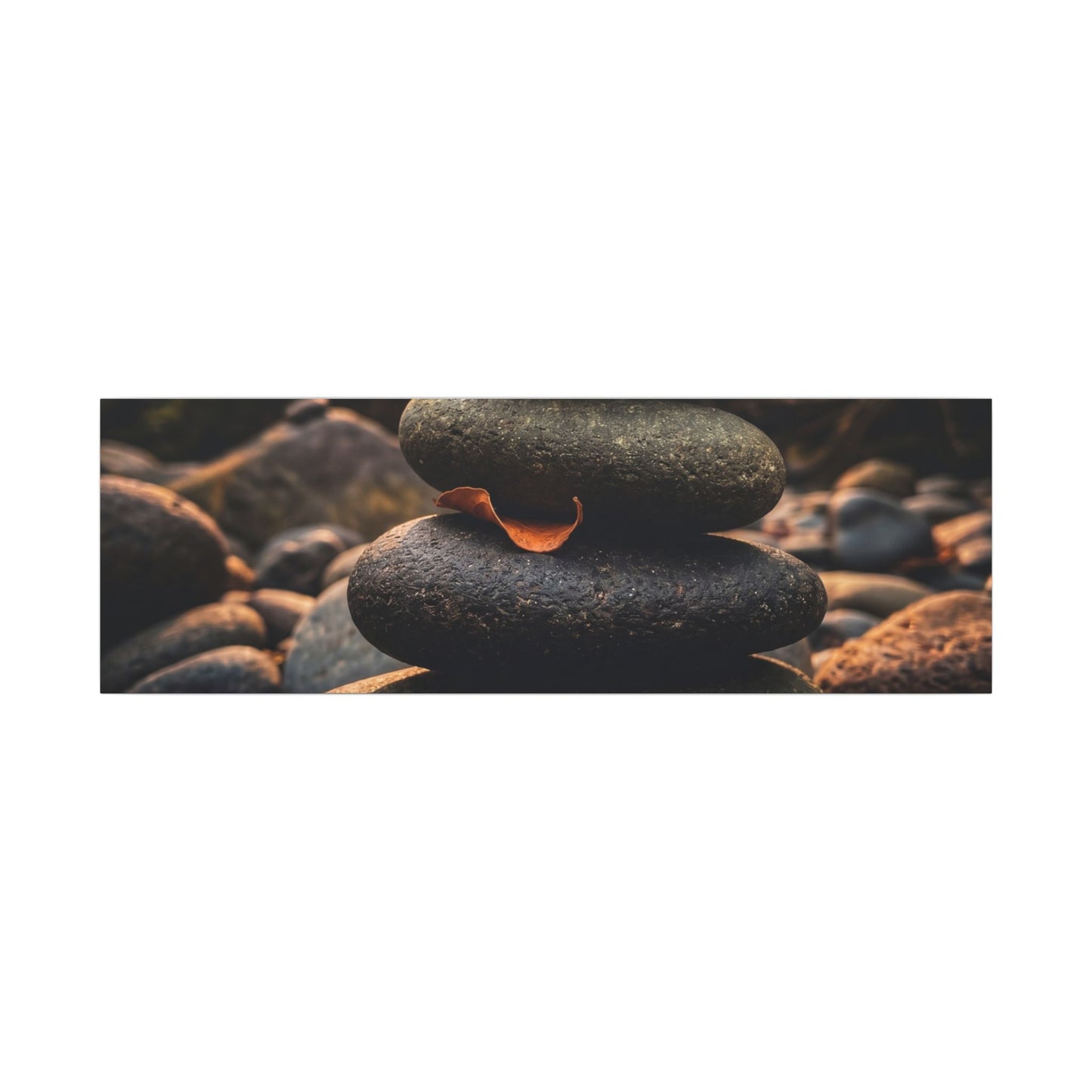 Dark Japandi River Stones in Golden Hour | Moody Minimal Canvas Art