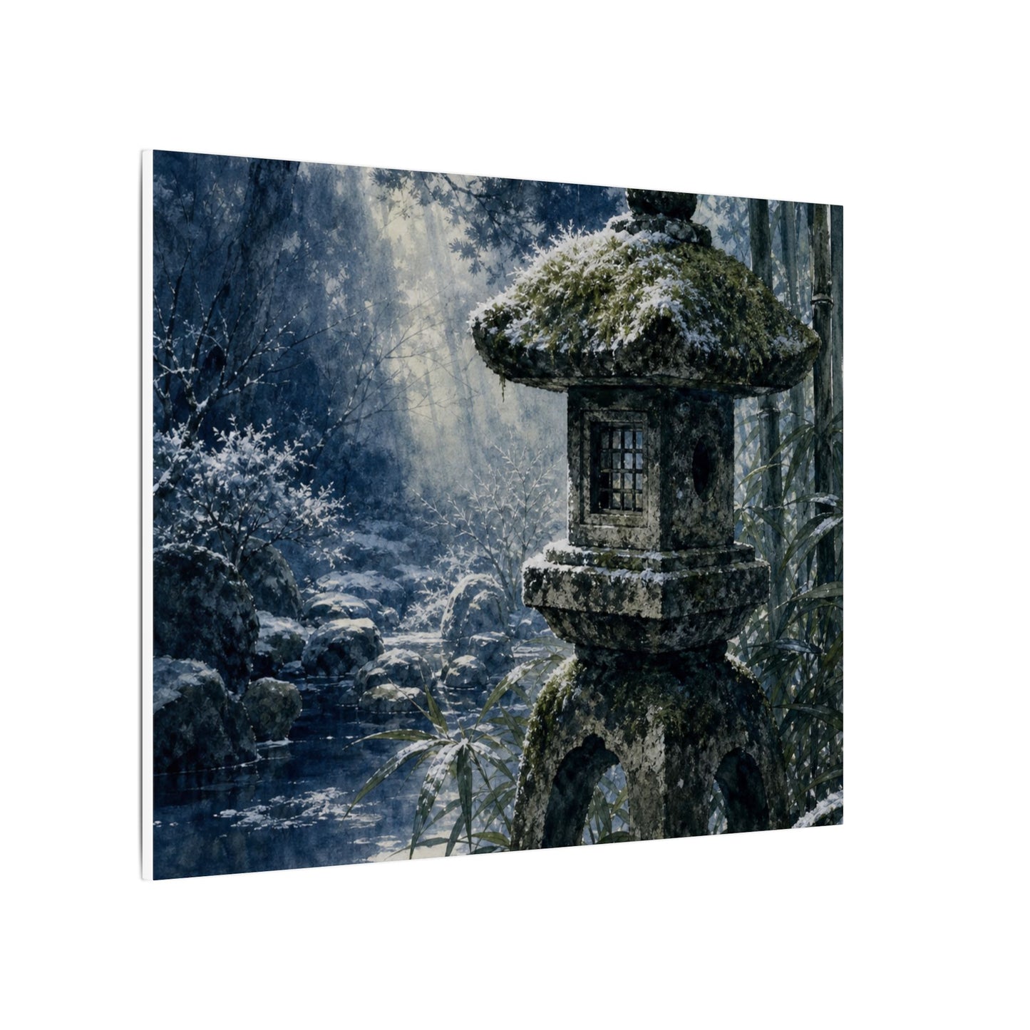 Zen Stone Lantern in Dappled | Sumi E Canvas Art