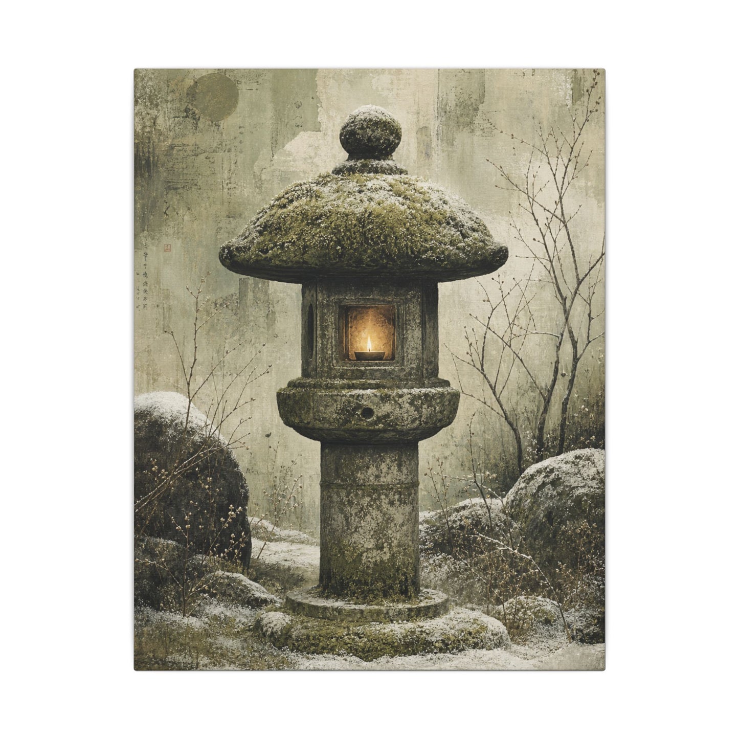 Stone Lantern Winter Canvas Art | Japandi Neutral Design