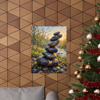 River Stones Wall Art Print | Spring Kintsugi Gold Repair Art