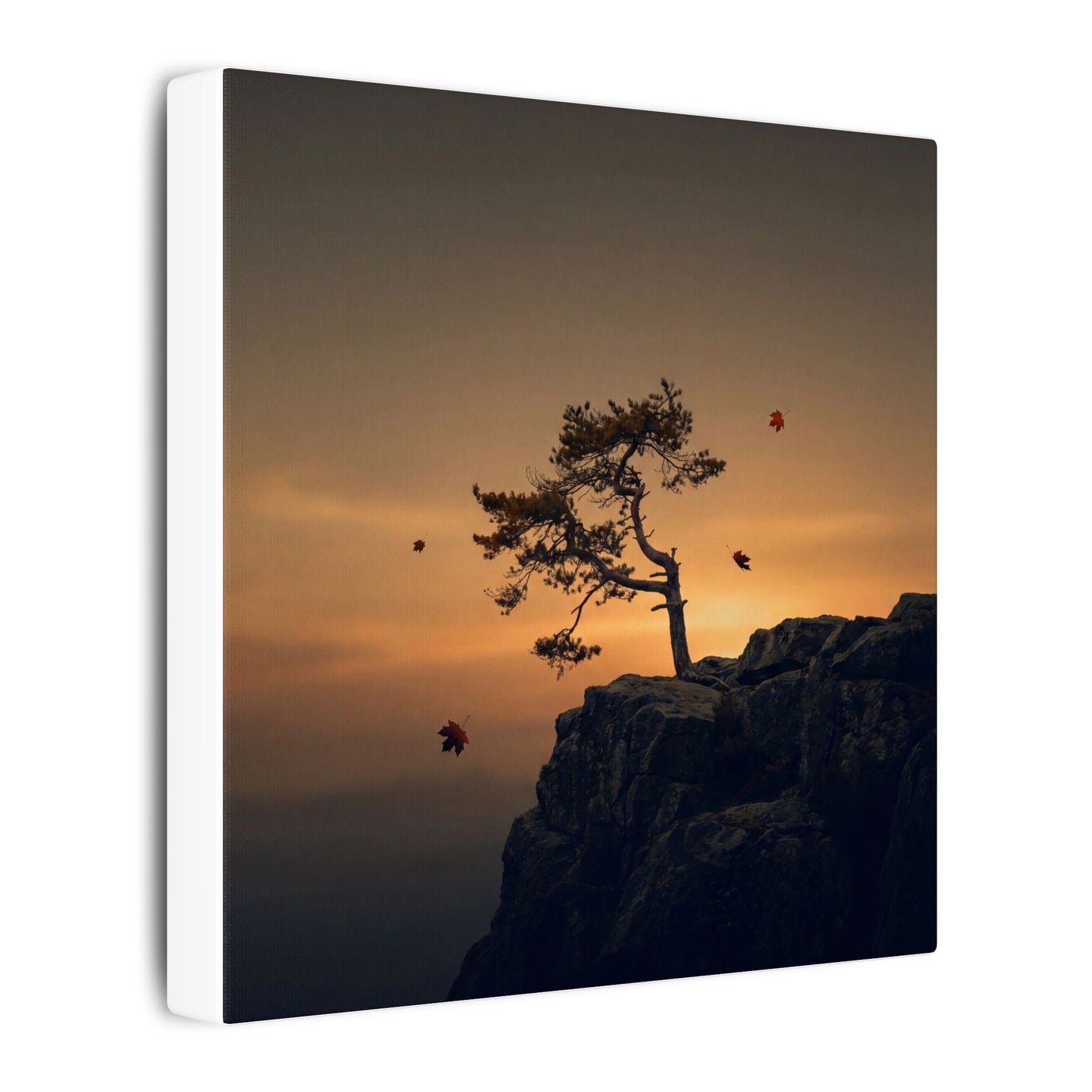 Dark Japandi Pine Tree in Golden Hour | Moody Minimal Canvas Art