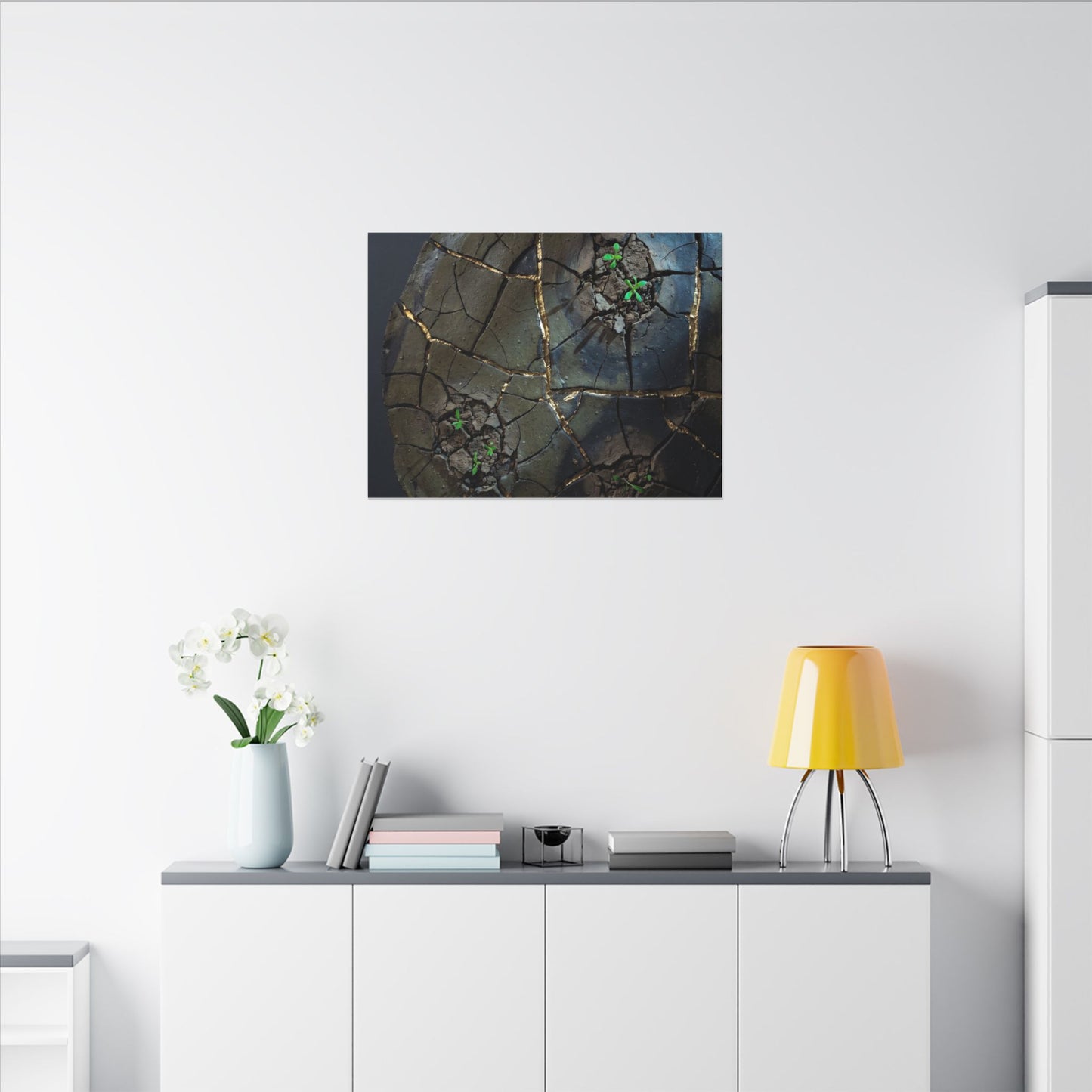 Dark Japandi Cracked Earth in Moonlight | Moody Minimal Canvas Art