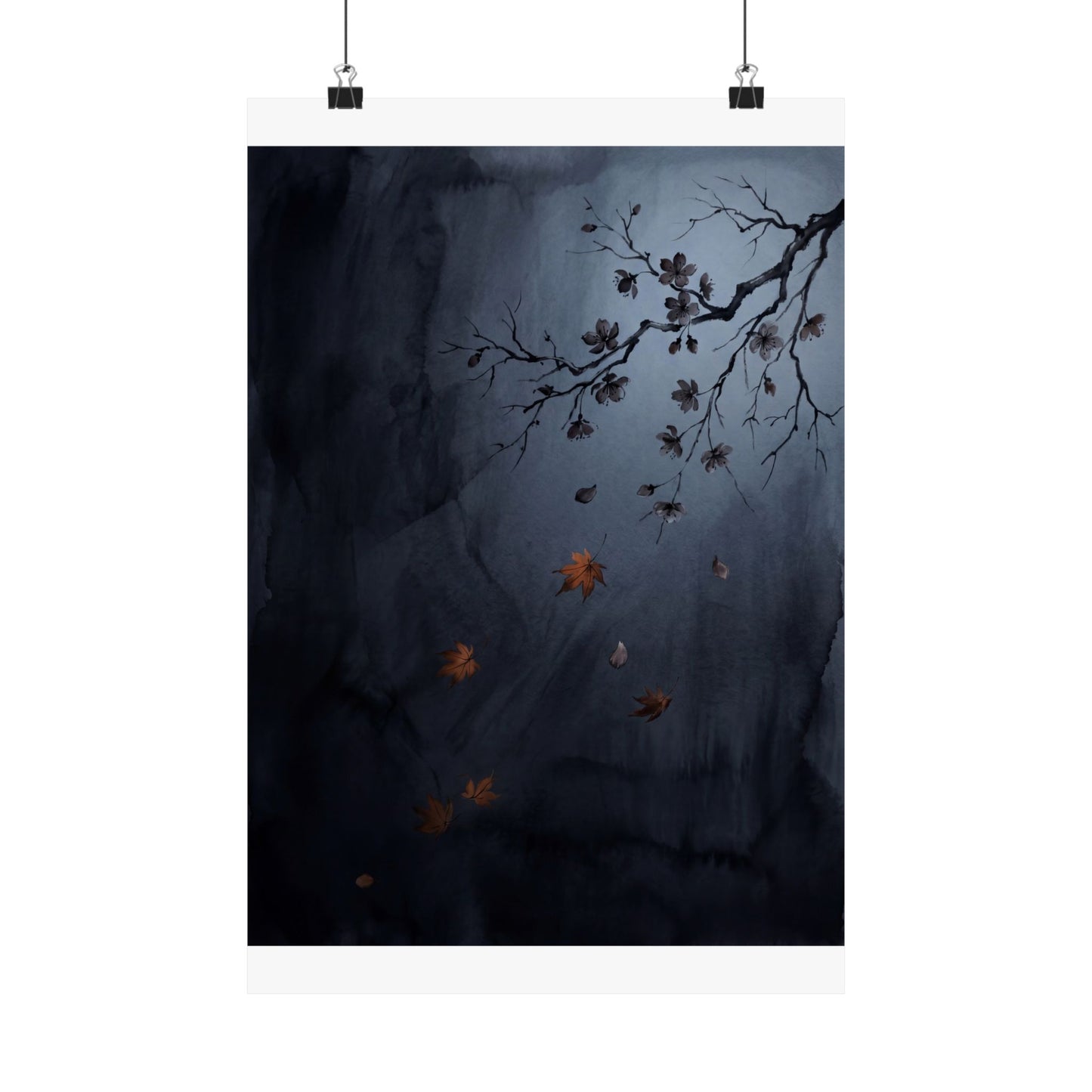 Moonlight Cherry Blossom Wall Art Print - Dark Japandi Ma