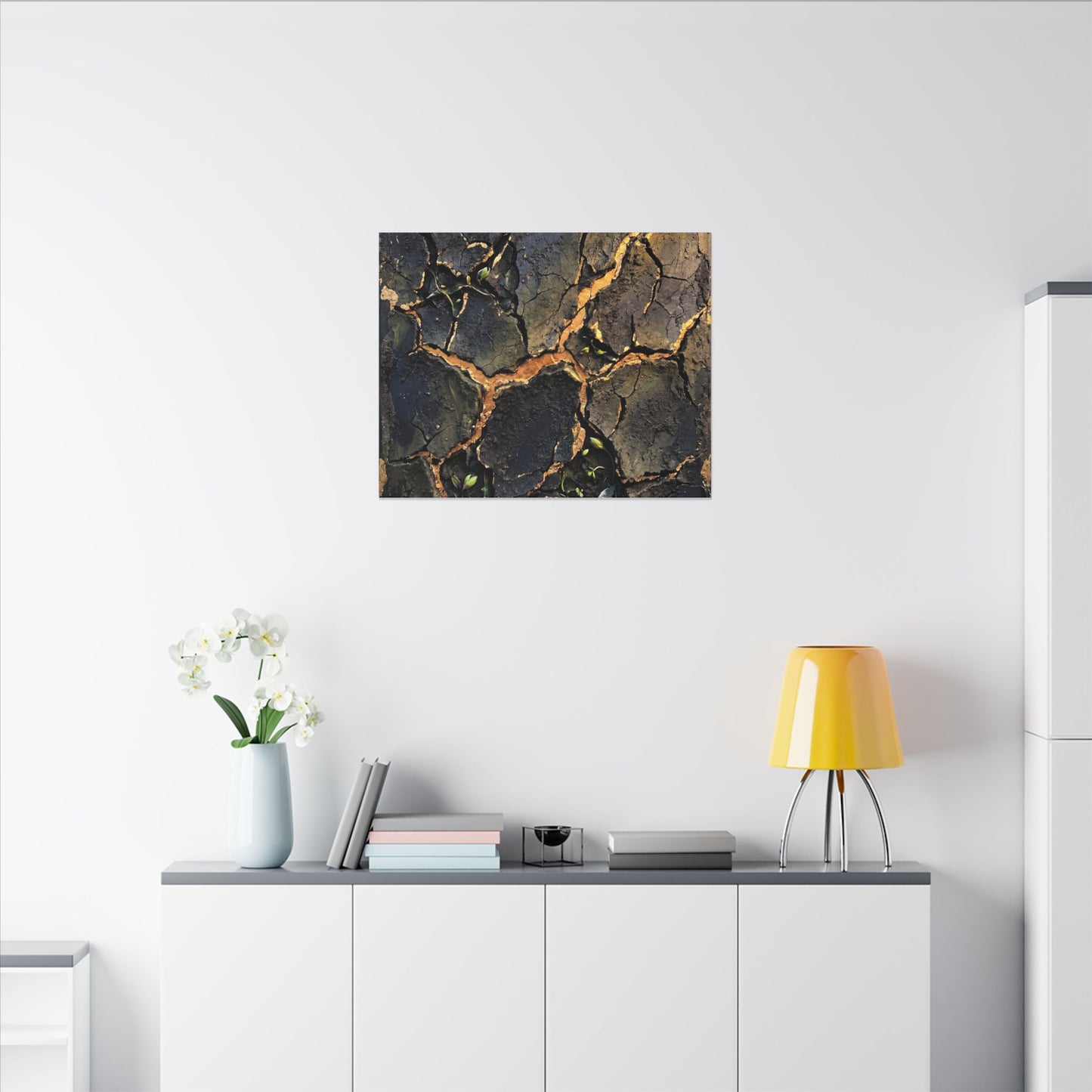 Cracked Earth Spring Canvas Art | Dark Japandi Atmospheric Design